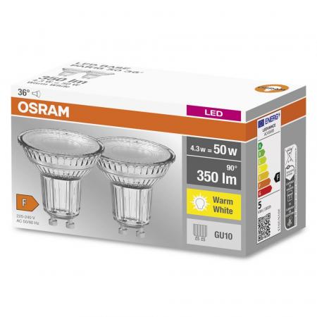 2x OSRAM GU10 LED BASE PAR16 Strahler 4,3W=50W 36°-Abstrahlwinkel warmweißes Licht GLAS